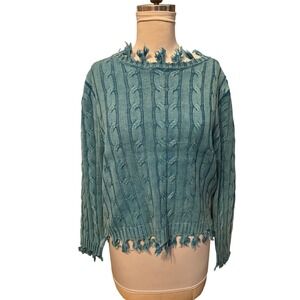 Zenana Womens Distressed Cable Knit Sweater Turquoise Blue Frayed Cotton Medium